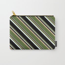 [ Thumbnail: Tan, Dark Olive Green, Mint Cream & Black Colored Stripes Pattern Carry-All Pouch ]