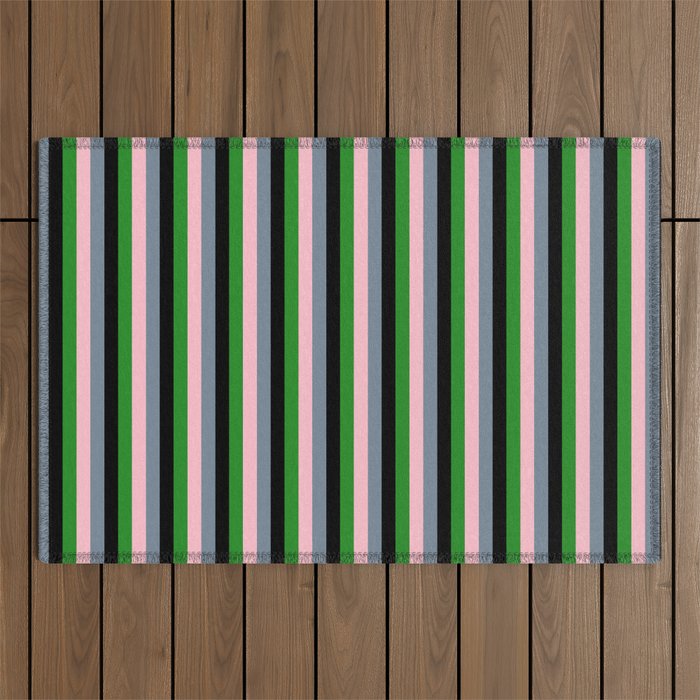 Light Slate Gray, Pink, Forest Green, and Black Colored Lines Pattern Outdoor Rug