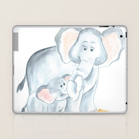 Elephants Watercolor Painting Baby Elephant With Mom Laptop