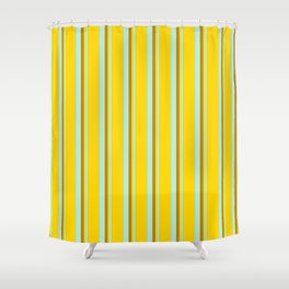 [ Thumbnail: Dark Goldenrod, Turquoise & Yellow Colored Striped/Lined Pattern Shower Curtain ]