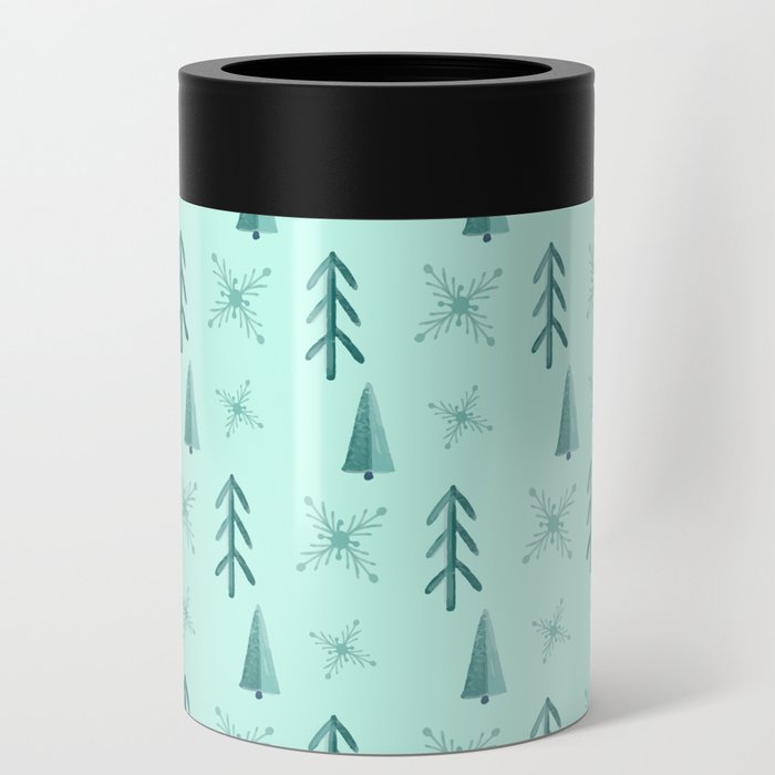 Christmas Pattern Watercolor Turquoise Tree Snowflake Can Cooler