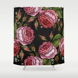 Embroidery red roses vintage seamless pattern. Beautiful buds of red roses classical fashion style on black background.  Shower Curtain