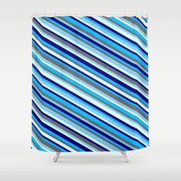 [ Thumbnail: Vibrant Dim Gray, Sky Blue, Light Cyan, Blue & Deep Sky Blue Colored Lined/Striped Pattern Shower Curtain ]