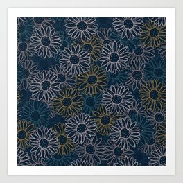 Blue, Gold and Pink Daisy Pattern Art Print