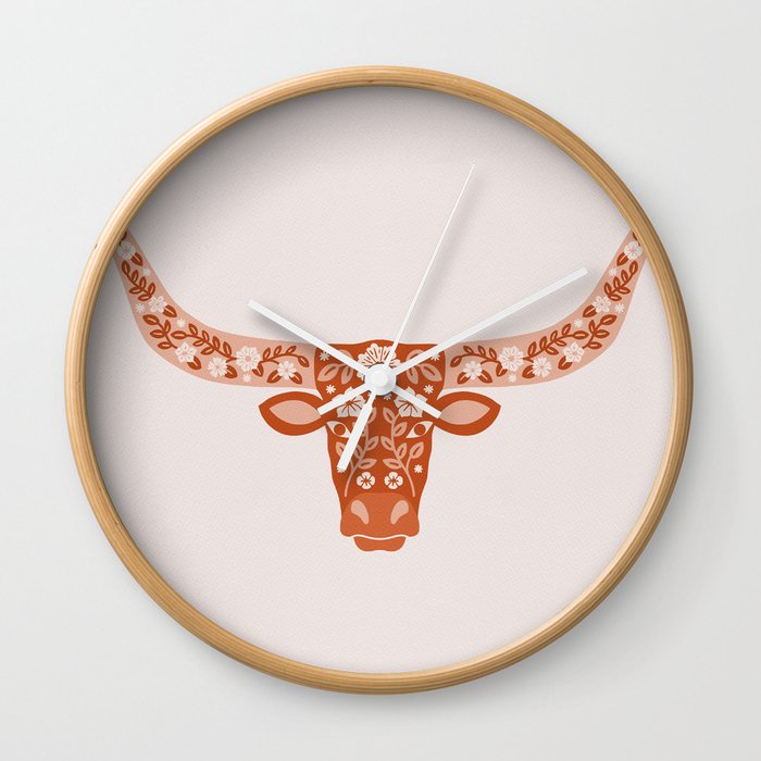 Floral Longhorn – Burnt Orange Wall Clock