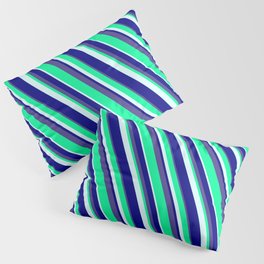 [ Thumbnail: Green, Light Cyan, Blue & Dark Slate Blue Colored Lines/Stripes Pattern Pillow Sham ]