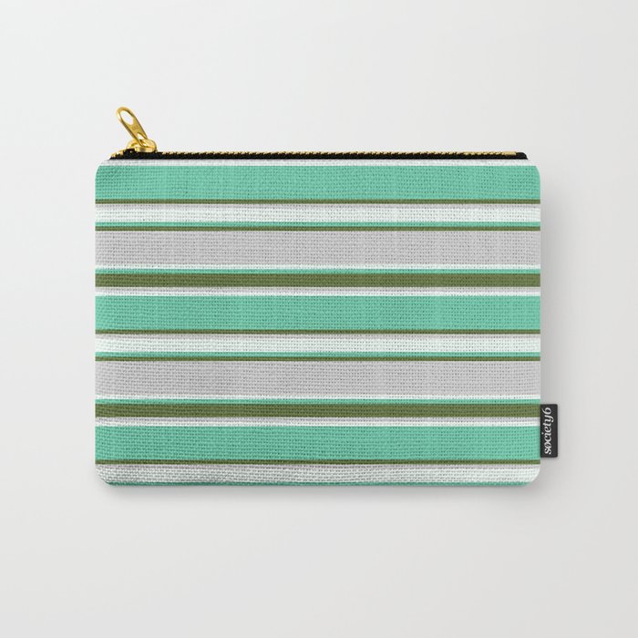 Aquamarine, Dark Olive Green, Light Grey, and Mint Cream Colored Pattern of Stripes Carry-All Pouch