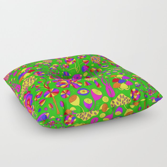 Magic Mushrooms Rainbow Green Floor Pillow