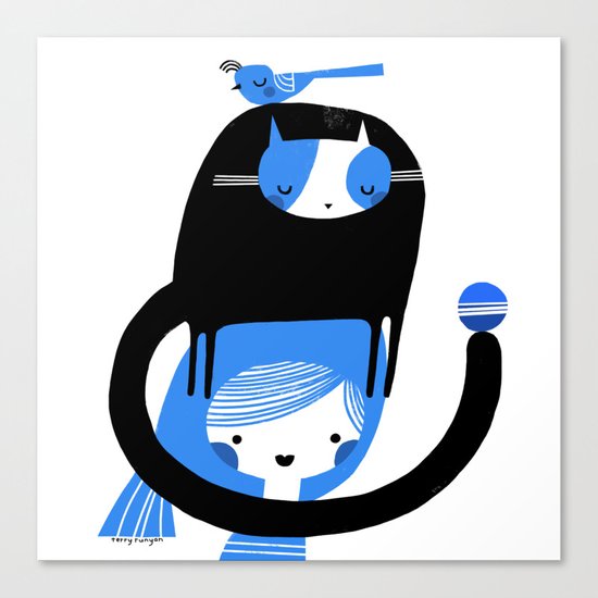 BLUE BIRD AND CAT ON HEAD Canvas Print