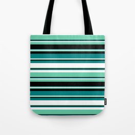 [ Thumbnail: Teal, White, Aquamarine & Black Colored Lined Pattern Tote Bag ]