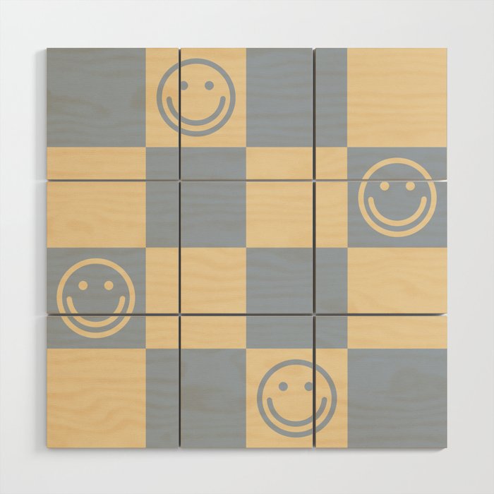 Cute Smiley Faces on Checkerboard \\ Neutral Color Palette Wood Wall Art