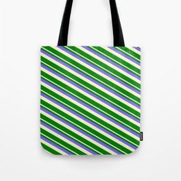 [ Thumbnail: Medium Slate Blue, Light Yellow, and Green Colored Stripes Pattern Tote Bag ]