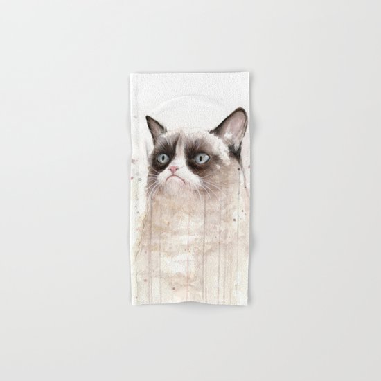 Grumpy Watercolor Cat Geek Meme Whimsical Animals Hand & Bath Towel