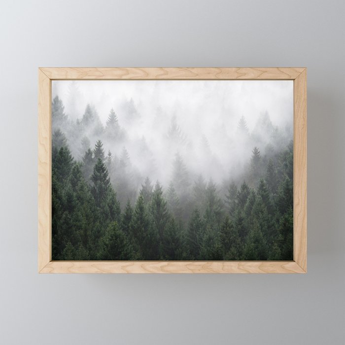 Home Is A Feeling // Wild Romantic Misty Fairytale Wilderness Forest With Trees Covered In Fog Framed Mini Art Print