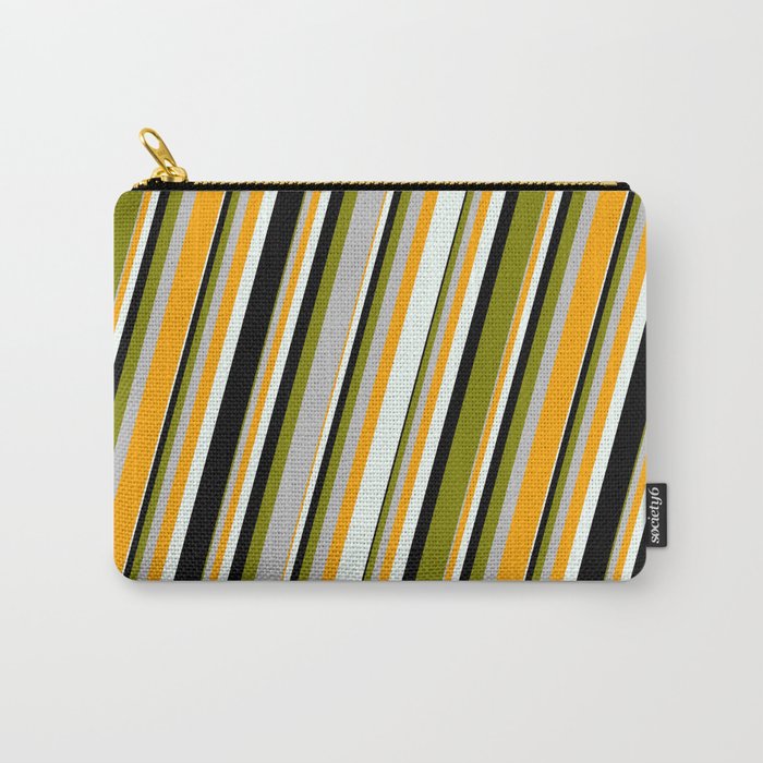 Vibrant Green, Grey, Orange, Mint Cream, and Black Colored Lined/Striped Pattern Carry-All Pouch
