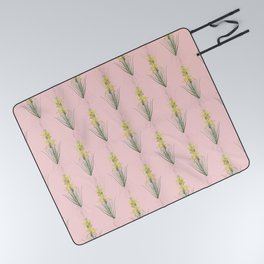 Vintage Yellow Asphodel Botanical Pattern on Pink Picnic Blanket