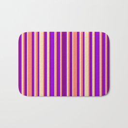 [ Thumbnail: Tan, Dark Violet, Purple, and Salmon Colored Striped Pattern Bath Mat ]