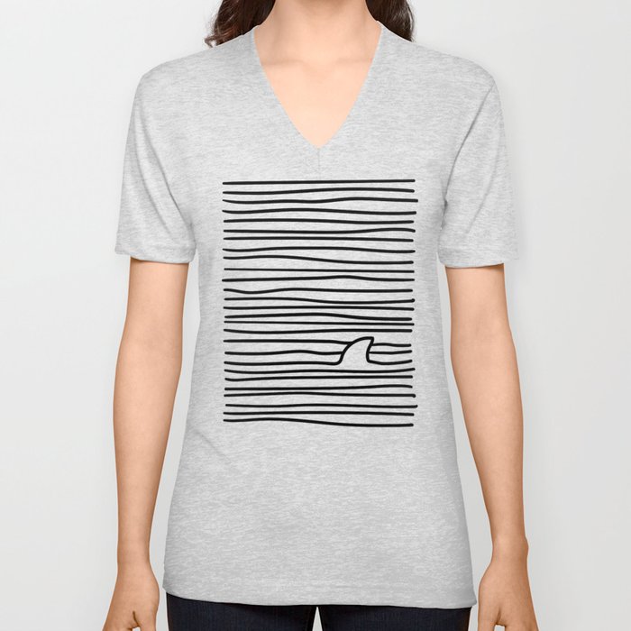 Minimal Line Drawing Simple Unique Shark Fin Gift V Neck T Shirt