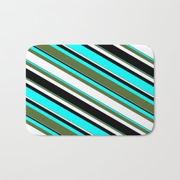 [ Thumbnail: Cyan, Dark Olive Green, White, and Black Colored Lined/Striped Pattern Bath Mat ]