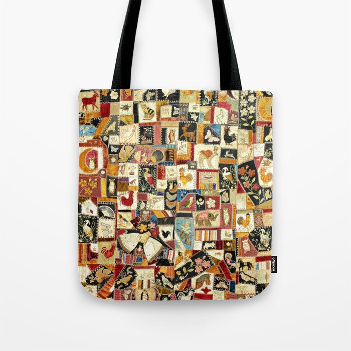Vintage Multicolor Crazy Quilt with Animals Tote Bag