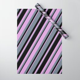 [ Thumbnail: Plum, Slate Gray, and Black Colored Lines Pattern Wrapping Paper ]