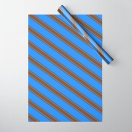 [ Thumbnail: Blue & Brown Colored Lined/Striped Pattern Wrapping Paper ]