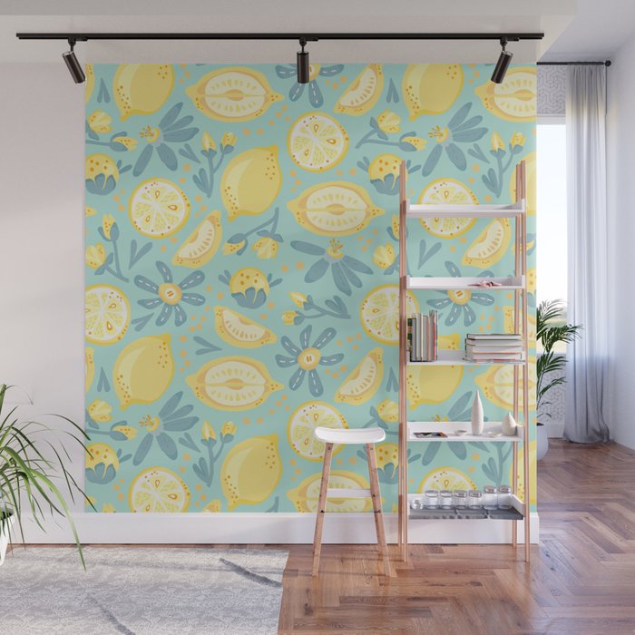 Lemon Pattern Mint Wall Mural