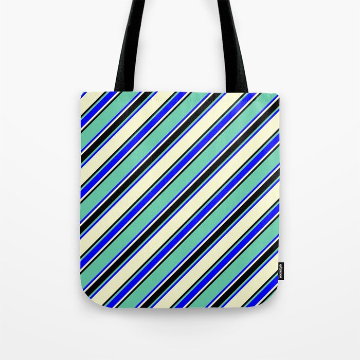 Aquamarine, Blue, Light Yellow & Black Colored Lined Pattern Tote Bag