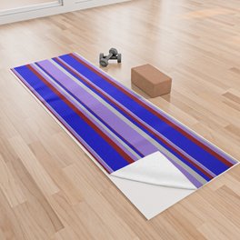 [ Thumbnail: Grey, Purple, Maroon & Blue Colored Lined/Striped Pattern Yoga Towel ]