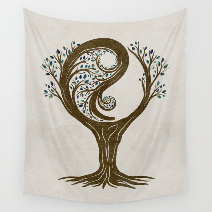 Yin Yang Tree Sepia Marble leaves Wall Tapestry