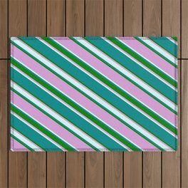 [ Thumbnail: Dark Cyan, Green, Plum & Light Cyan Colored Striped Pattern Outdoor Rug ]