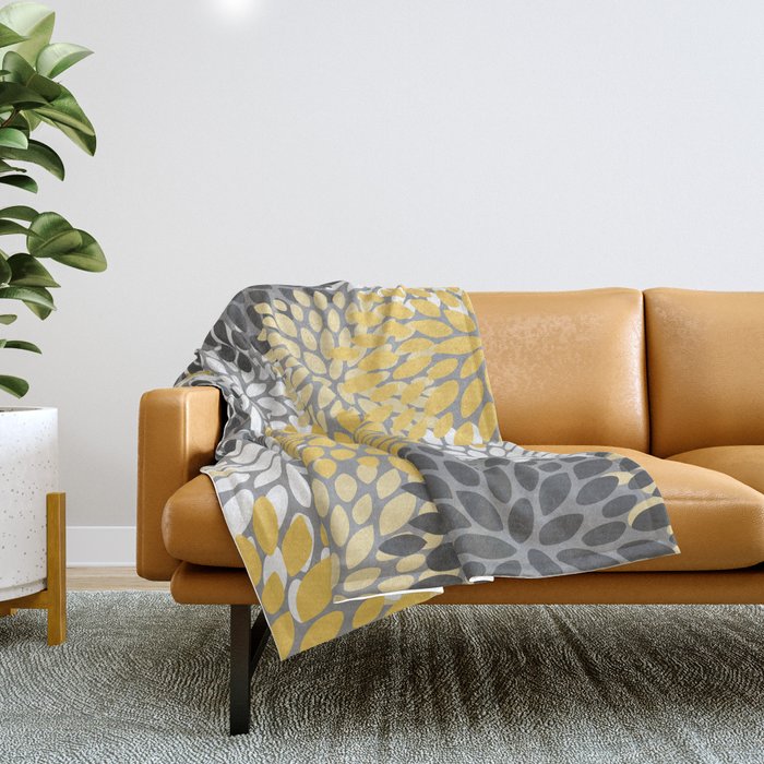 Modern Flowers Print, Yellow, White and Charcoal Grey Throw Blanket
