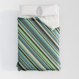[ Thumbnail: Colorful Green, Blue, Dark Slate Gray, Light Yellow, and Black Colored Stripes/Lines Pattern Comforter ]