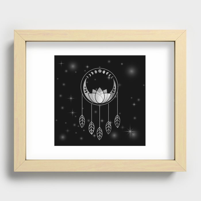 Mystic lotus dream catcher with moons and stars silver Recessed Framed Print