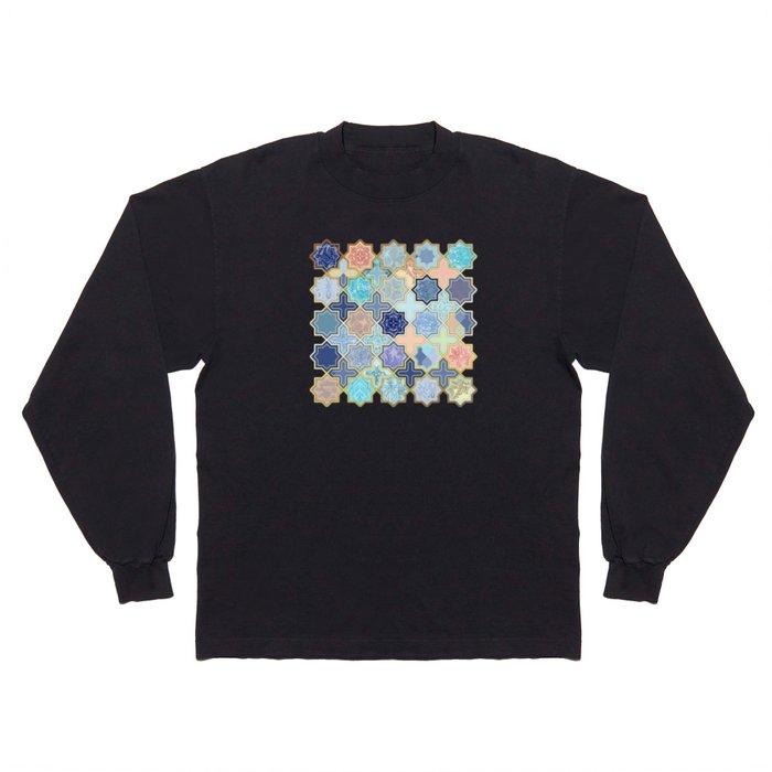 Cream, Navy and Aqua Geometric Tile Pattern Long Sleeve T Shirt