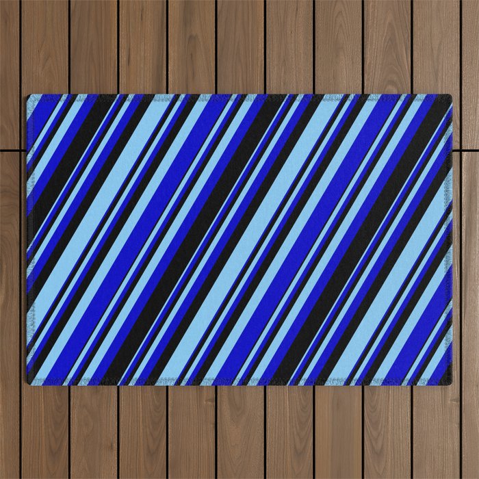 Light Sky Blue, Blue & Black Colored Stripes/Lines Pattern Outdoor Rug
