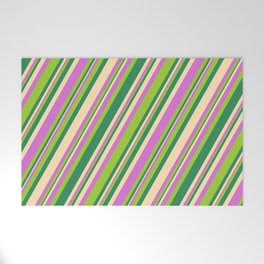 [ Thumbnail: Orchid, Green, Sea Green, and Beige Colored Stripes Pattern Welcome Mat ]