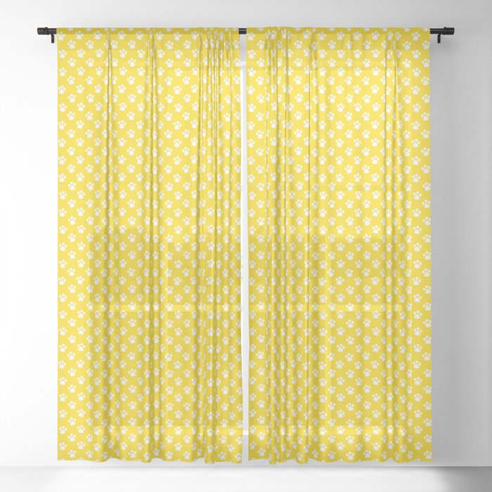 Tiny Paw Prints Pattern Bright Yellow White Sheer Curtain By
