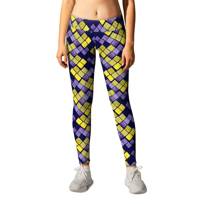 Mozaic pattern in faux gold, yellow, purple and navy indigo Leggings