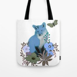 Cute blue fox, butterfly and flowers Tote Bag
