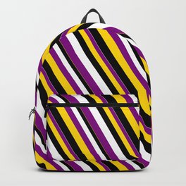 [ Thumbnail: White, Purple, Yellow, and Black Colored Striped Pattern Backpack ]