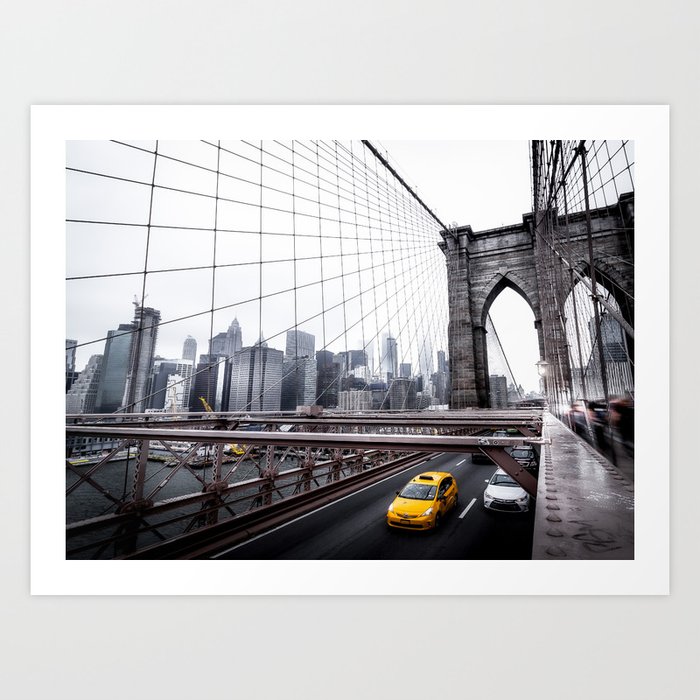 Yellow Taxi over Brooklyn Bridge Art Print