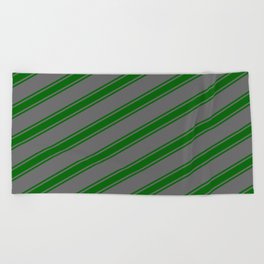 [ Thumbnail: Dim Grey and Dark Green Colored Stripes Pattern Beach Towel ]