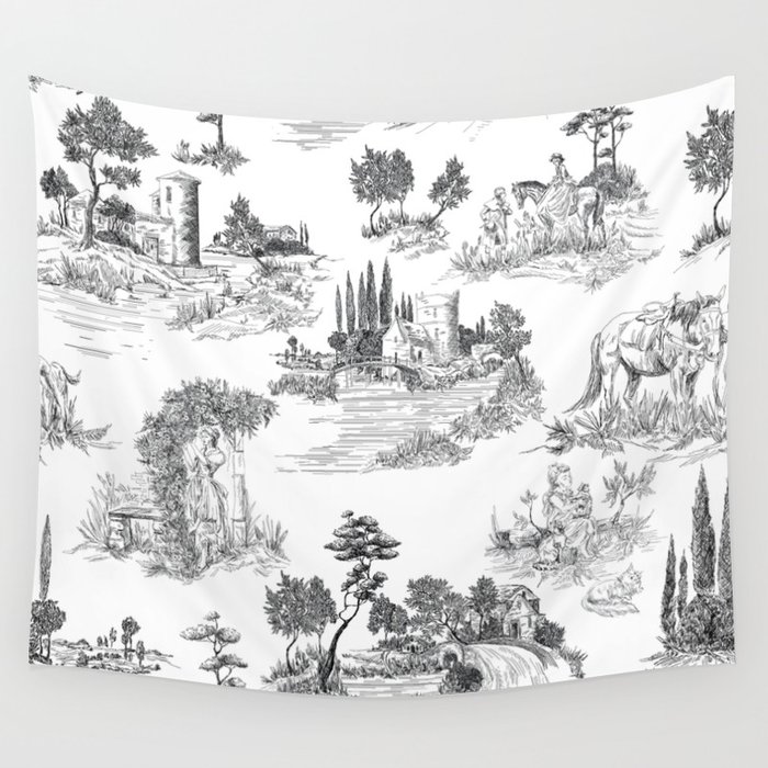 Toile de Jouy Vintage French Romantic Pastoral Black & White Wall Tapestry