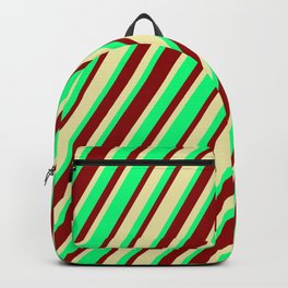 [ Thumbnail: Green, Dark Red & Pale Goldenrod Colored Stripes Pattern Backpack ]