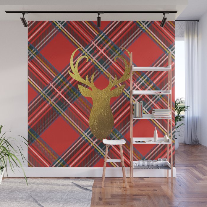 Gold Stag Head On Red Tartan Wall Mural