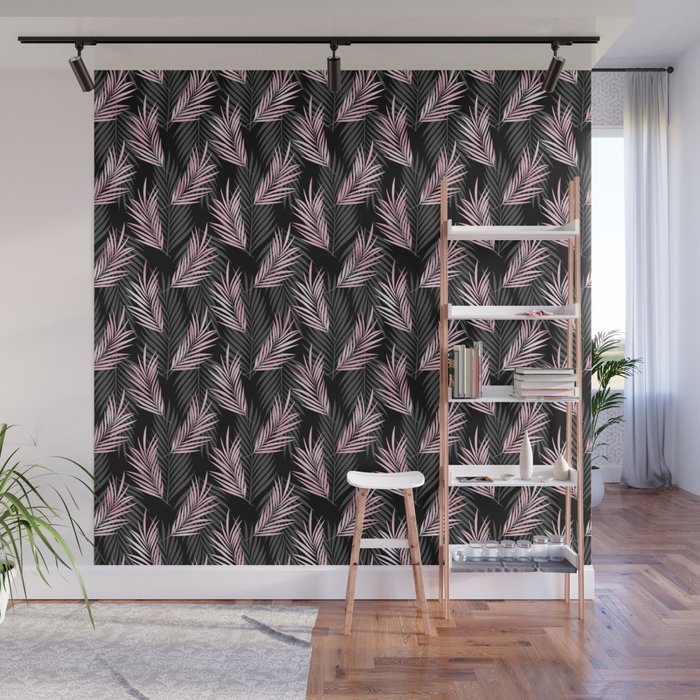 Pretty Girly Palm Leaves Pink Black Pattern Wall Mural