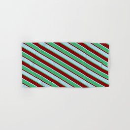 [ Thumbnail: Light Blue, Sea Green, and Maroon Colored Stripes/Lines Pattern Hand & Bath Towel ]