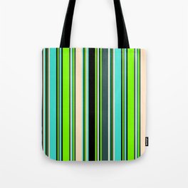 [ Thumbnail: Eyecatching Green, Dark Slate Gray, Bisque, Turquoise, and Black Colored Lined Pattern Tote Bag ]