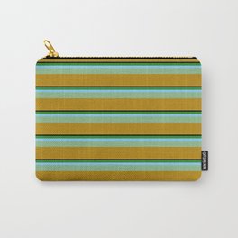 [ Thumbnail: Vibrant Black, Forest Green, Light Sky Blue, Dark Sea Green & Dark Goldenrod Colored Stripes Pattern Carry-All Pouch ]